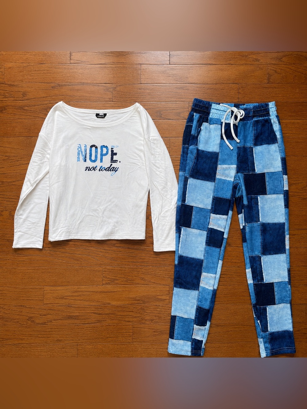 Women’s White 'NOPE. not today' Long-Sleeve Pajama Top & Blue Patchwork Joggers